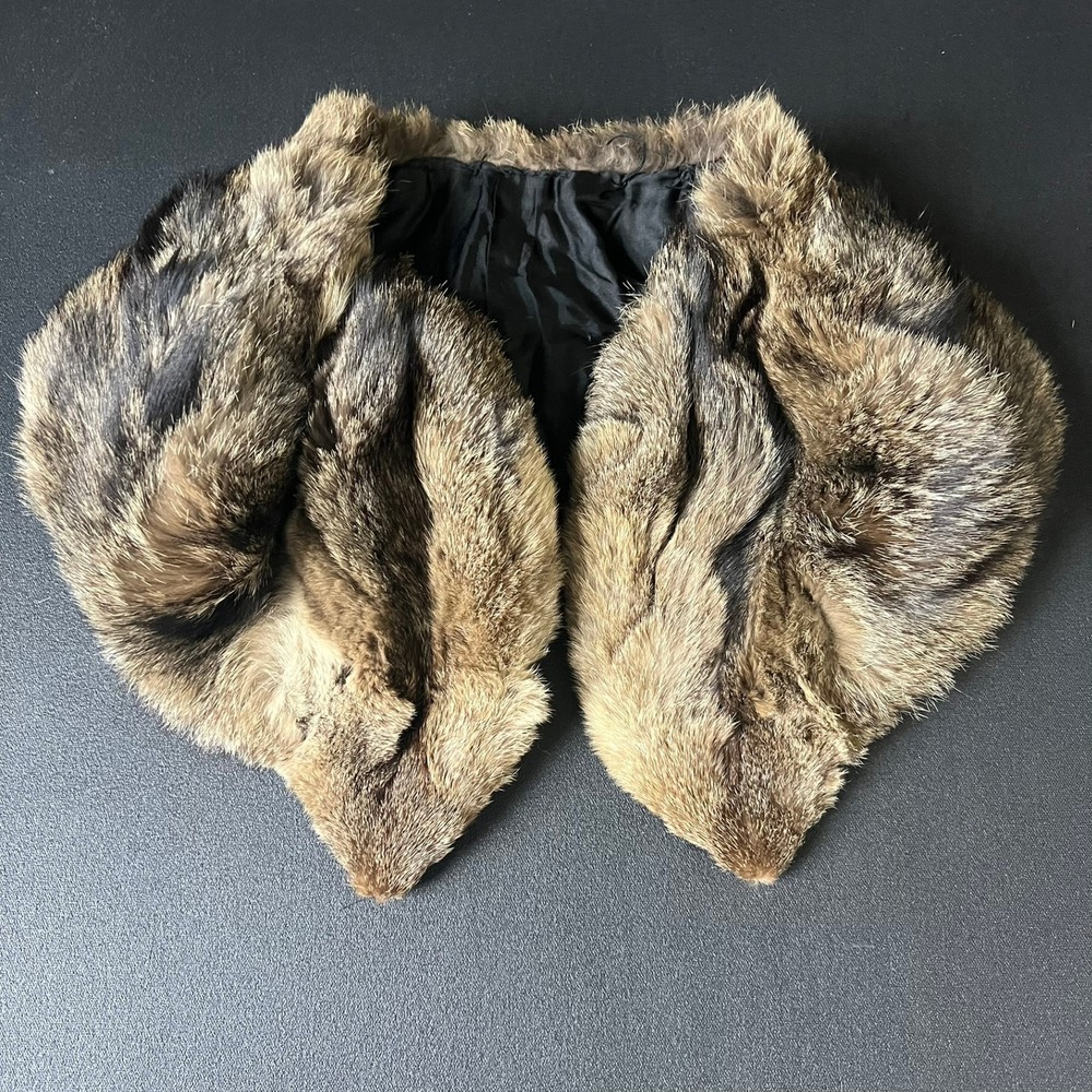 Vtg Genuine Fur Collar Wrap Brown Tan Black Satin Lined Shawl Old Money Retro